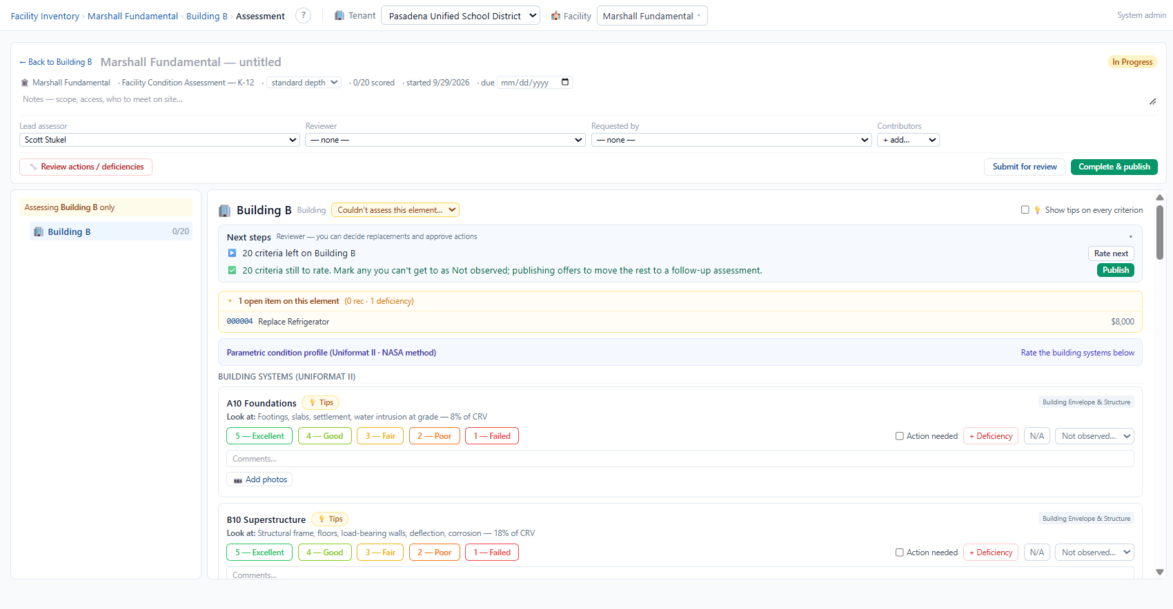 FacPro building assessment showing condition ratings, review workflow, and linked deficiencies.