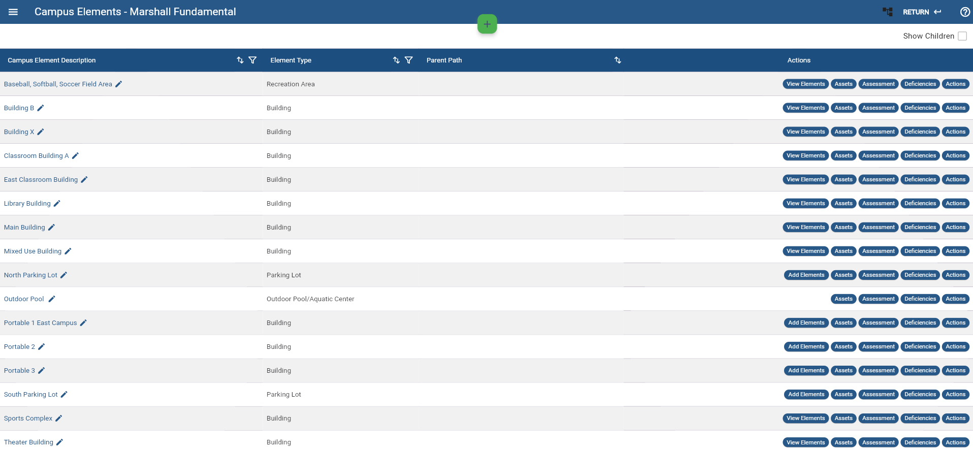 FacPro campus elements page showing facility elements and action buttons.