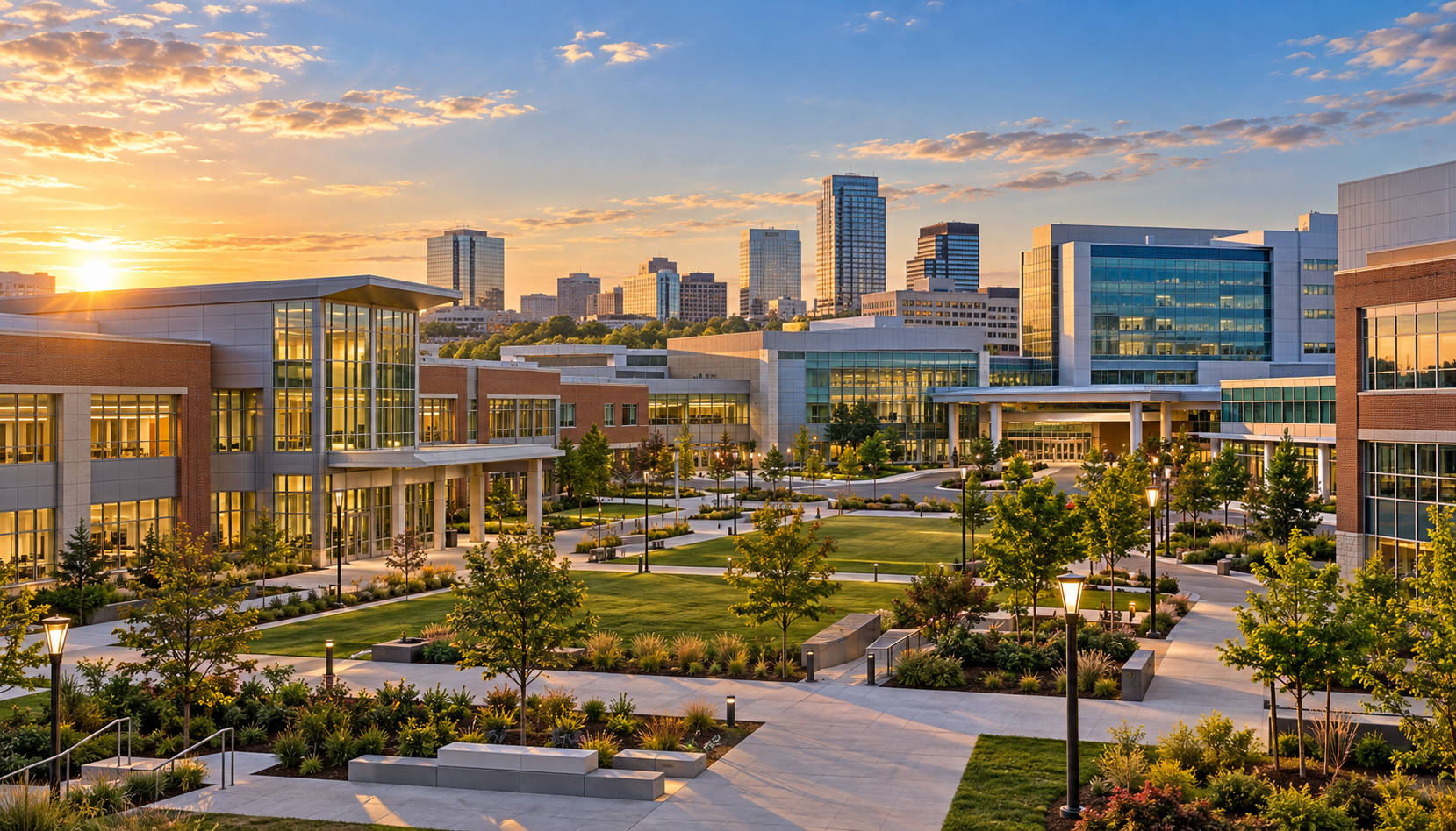 Modern campus buildings and landscaped courtyard at sunset