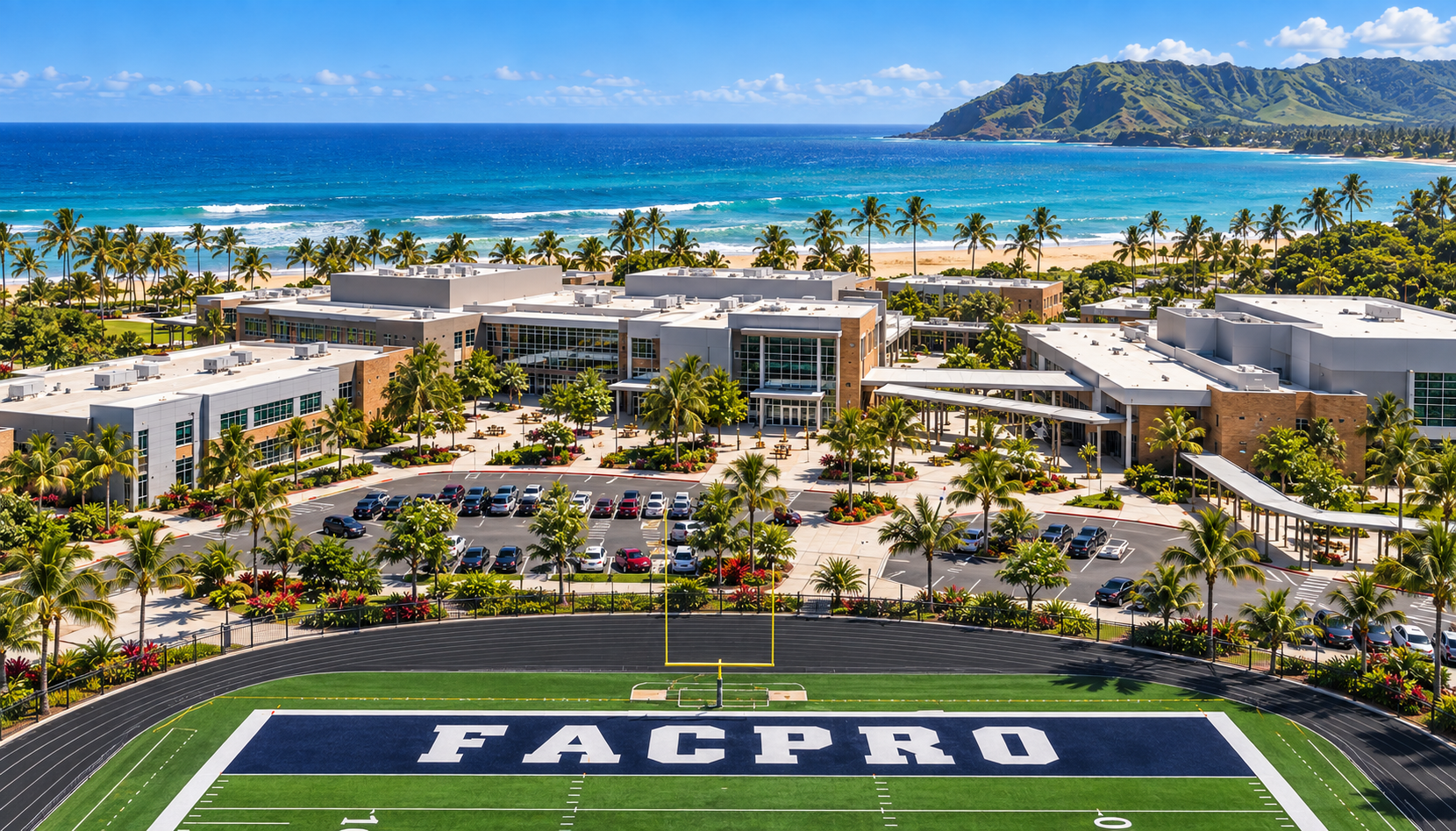 Coastal campus with modern facilities and a FACPRO athletic field overlooking the ocean