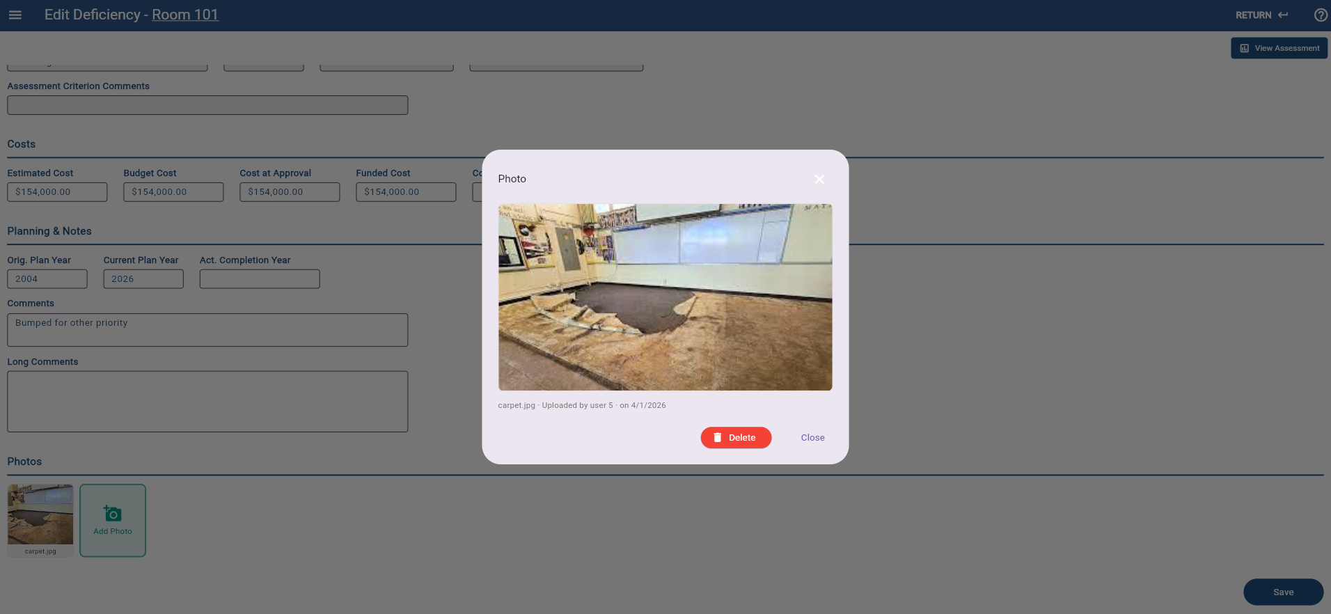 FacPro deficiency screen showing a deficiency record, notes, costs, and photo documentation.