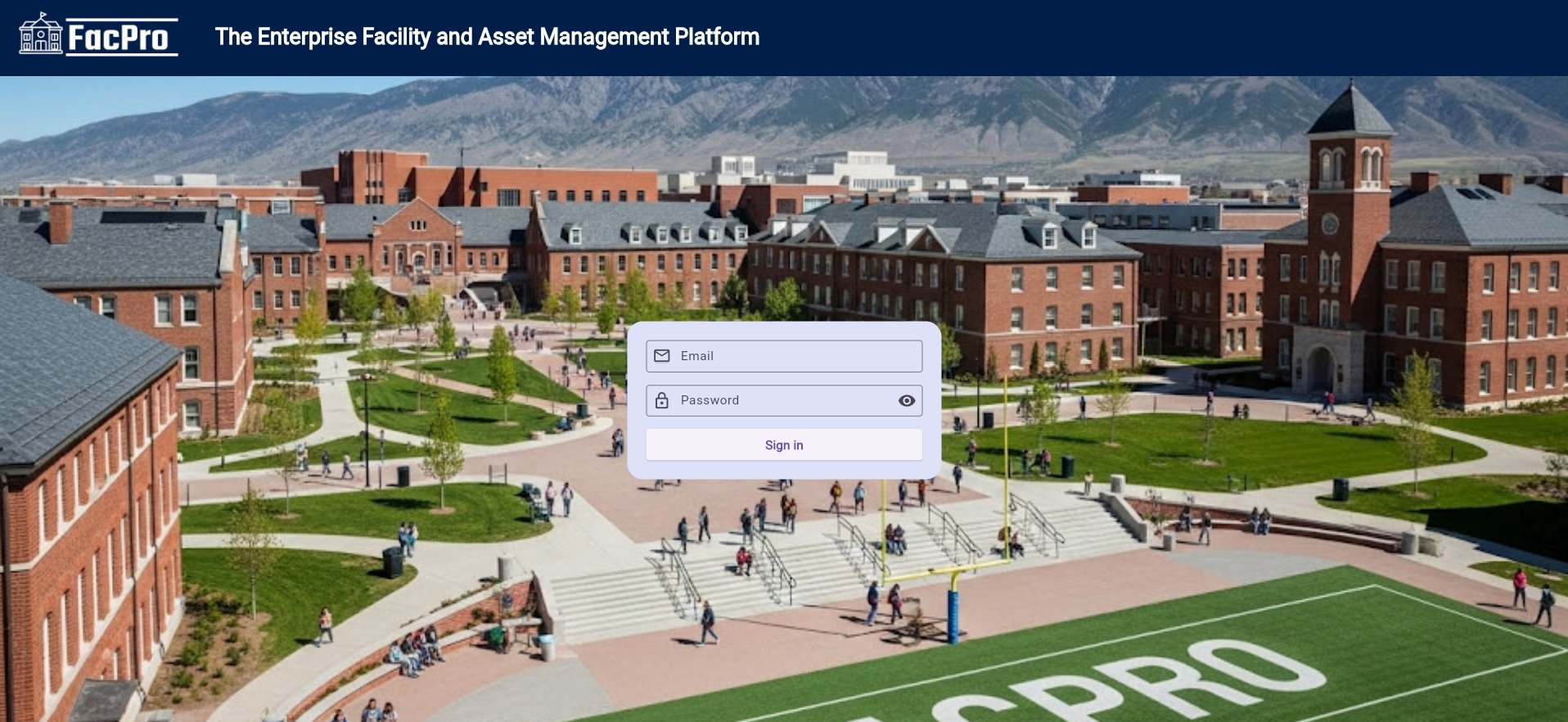 FacPro software login page with campus background and sign-in form.