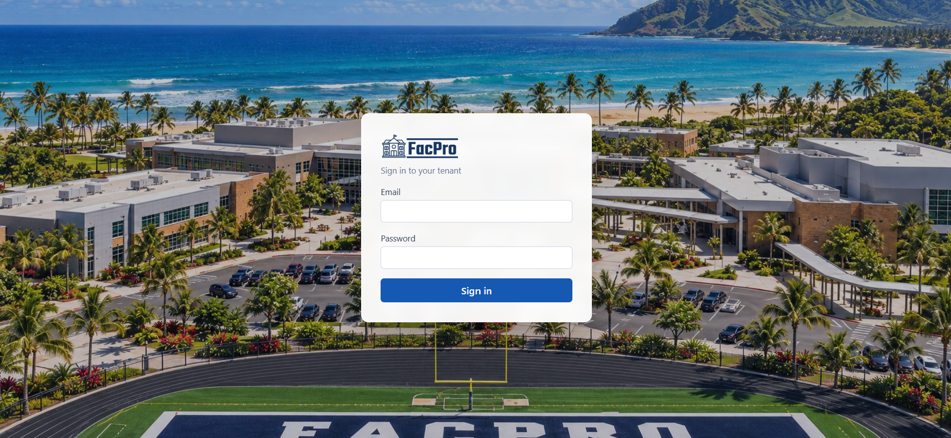 FacPro sign-in screen with a coastal campus background.